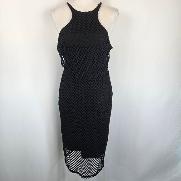 bobi Revolve Black Sheer Crochet Mesh High Neck Halter Bodycon Mini Dress M - Picture 3 of 10